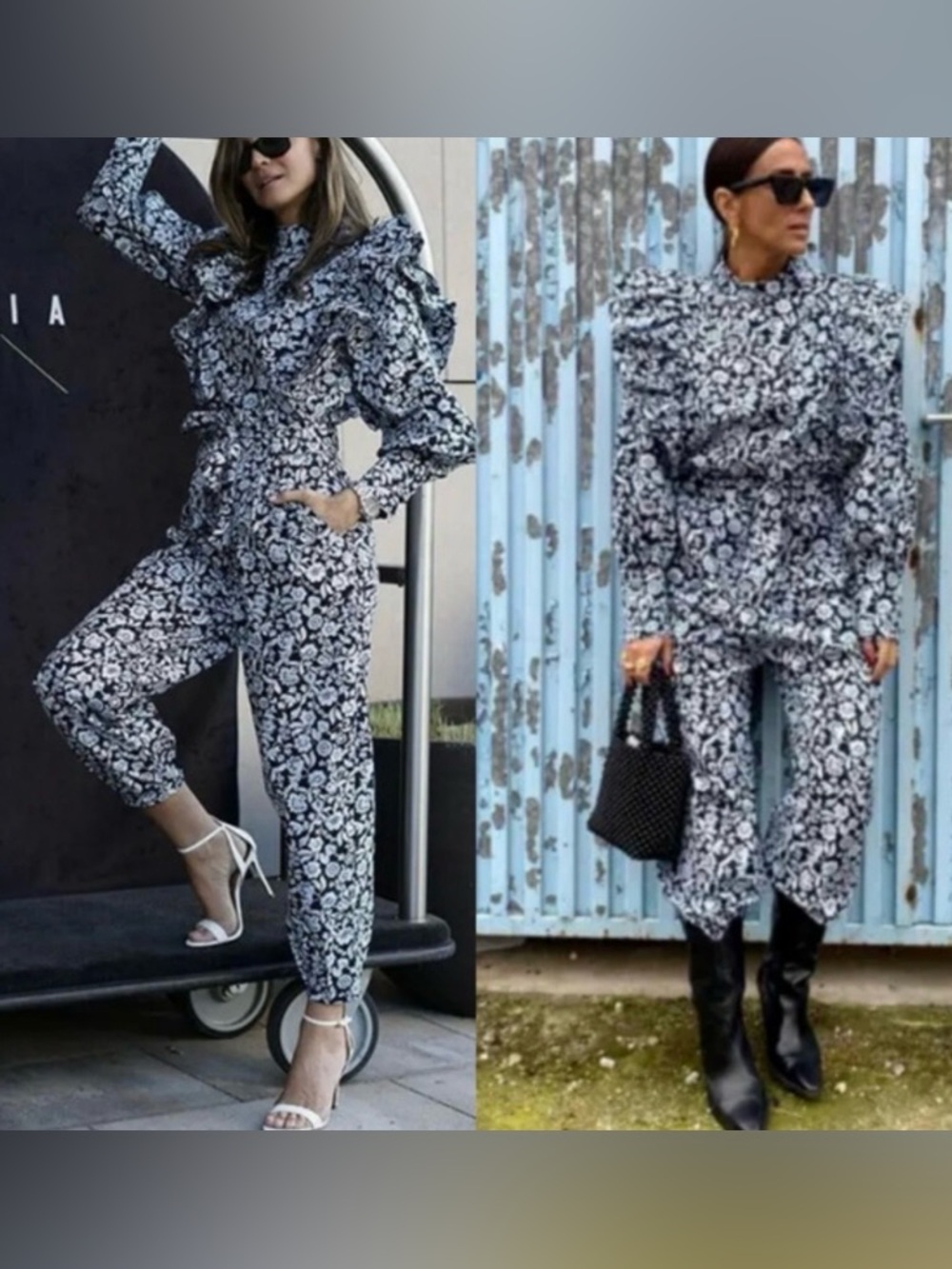 NWT  Zara Blue Floral Poplin Jumpsuit size XS